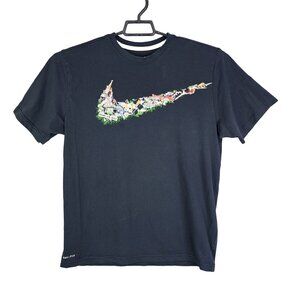 Men's Black Nike Dri-Fit Shirt Graphic Swoosh Short Sleeve Crew Neck Size L